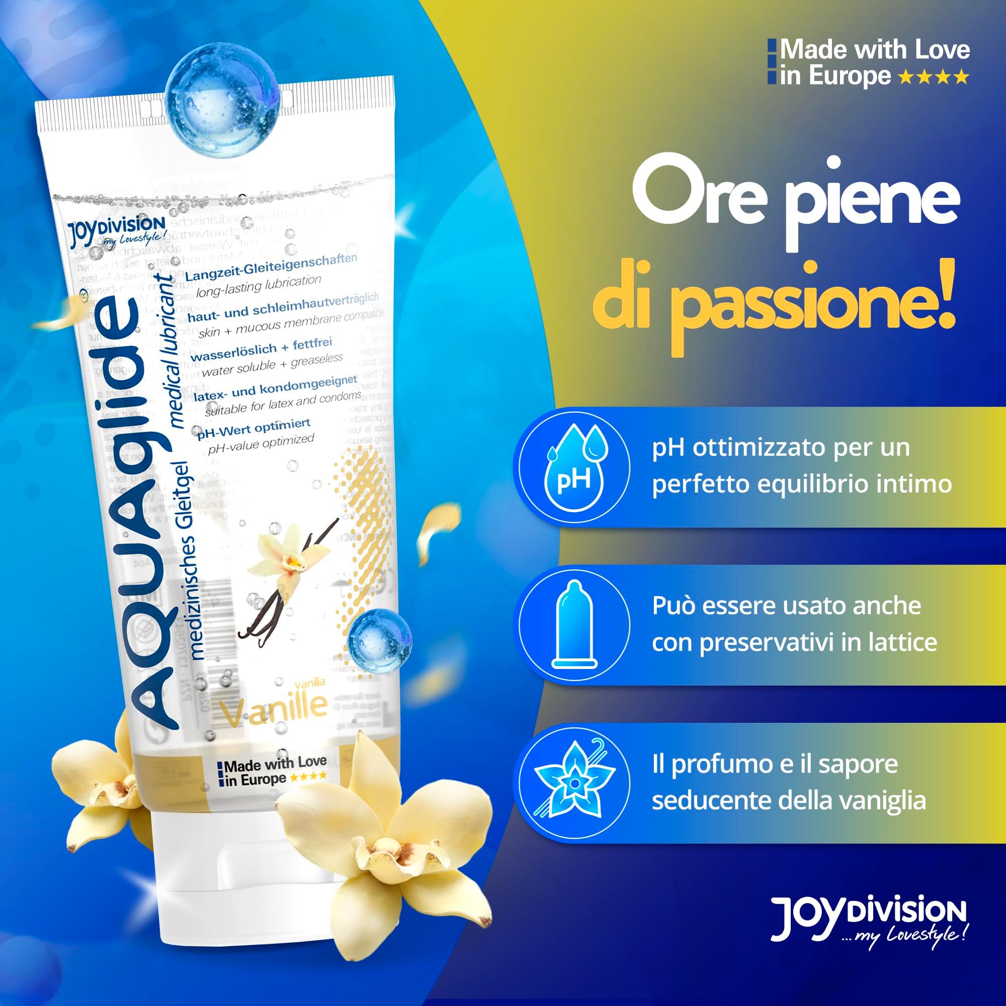Tubo di gel lubrificante AQUAGLIDE Vaniglia con icone per pH, compatibilità preservativi e profumo vaniglia.
