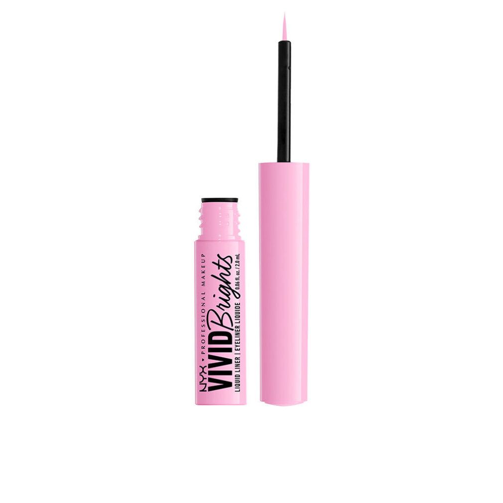 Eyeliner liquido rosa aperto. Applicatore nero. Scritta: NYX PROFESSIONAL MAKEUP VIVID BRIGHTS LIQUID LINER. Testo nero su sfondo rosa.