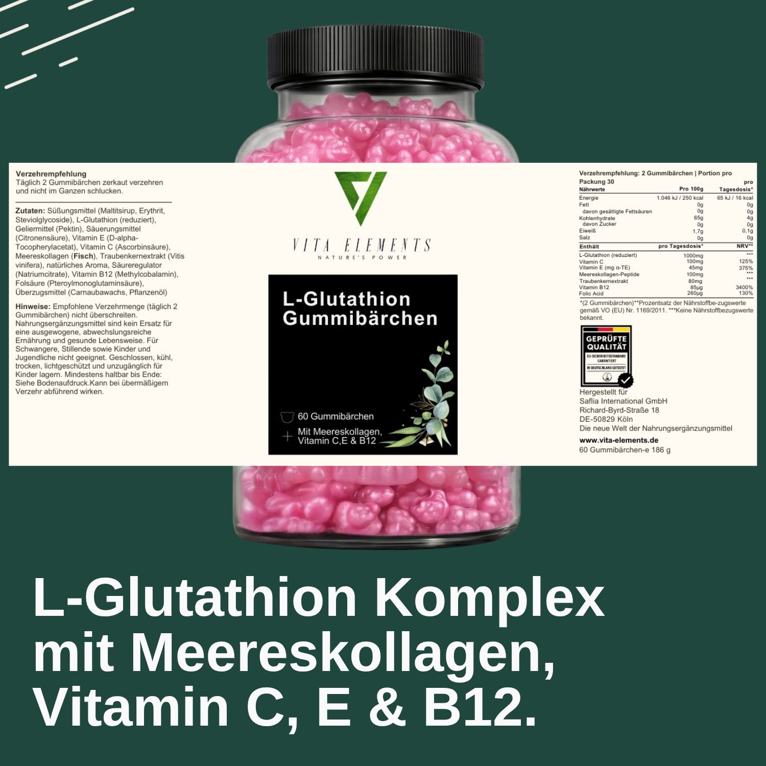 Flacone di caramelle gommose L-Glutatione Vita Elements con collagene marino, vitamine C, E & B12.
