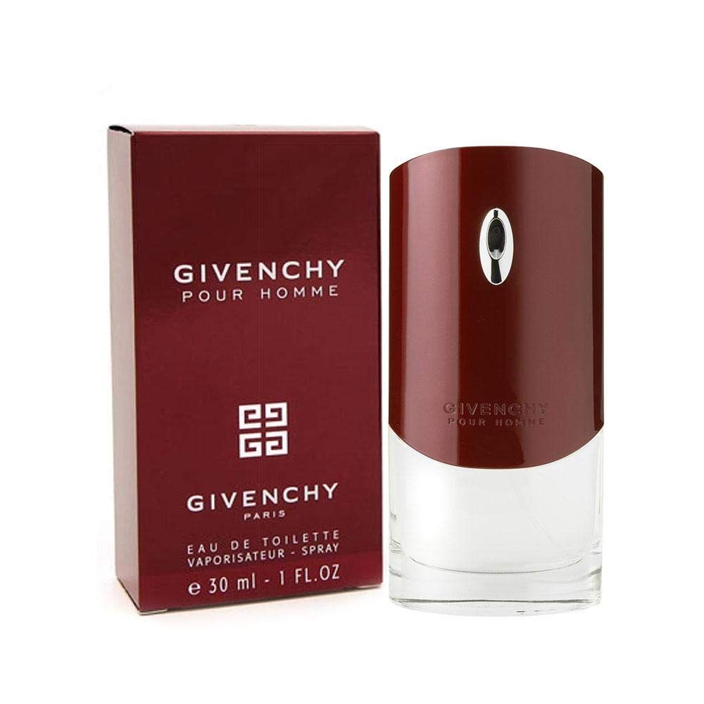 Scatola e flacone rossi. Scritta: Givenchy Pour Homme. Eau de Toilette Spray. 30 ml.