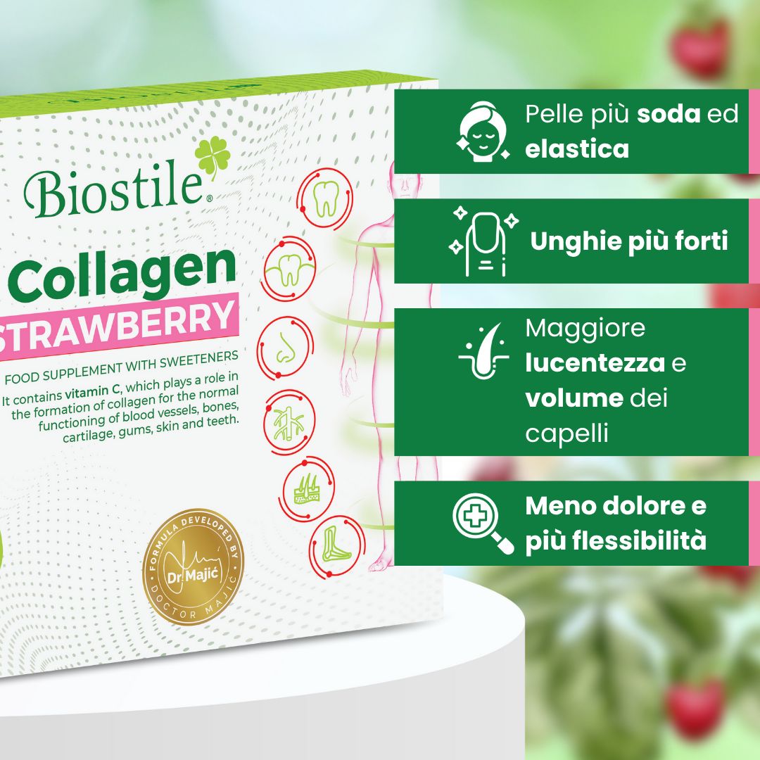 Confezione Biostile Collagen Strawberry. Testo: Pelli più soda ed elastica, Unghie più forti, Maggior lucentezza.