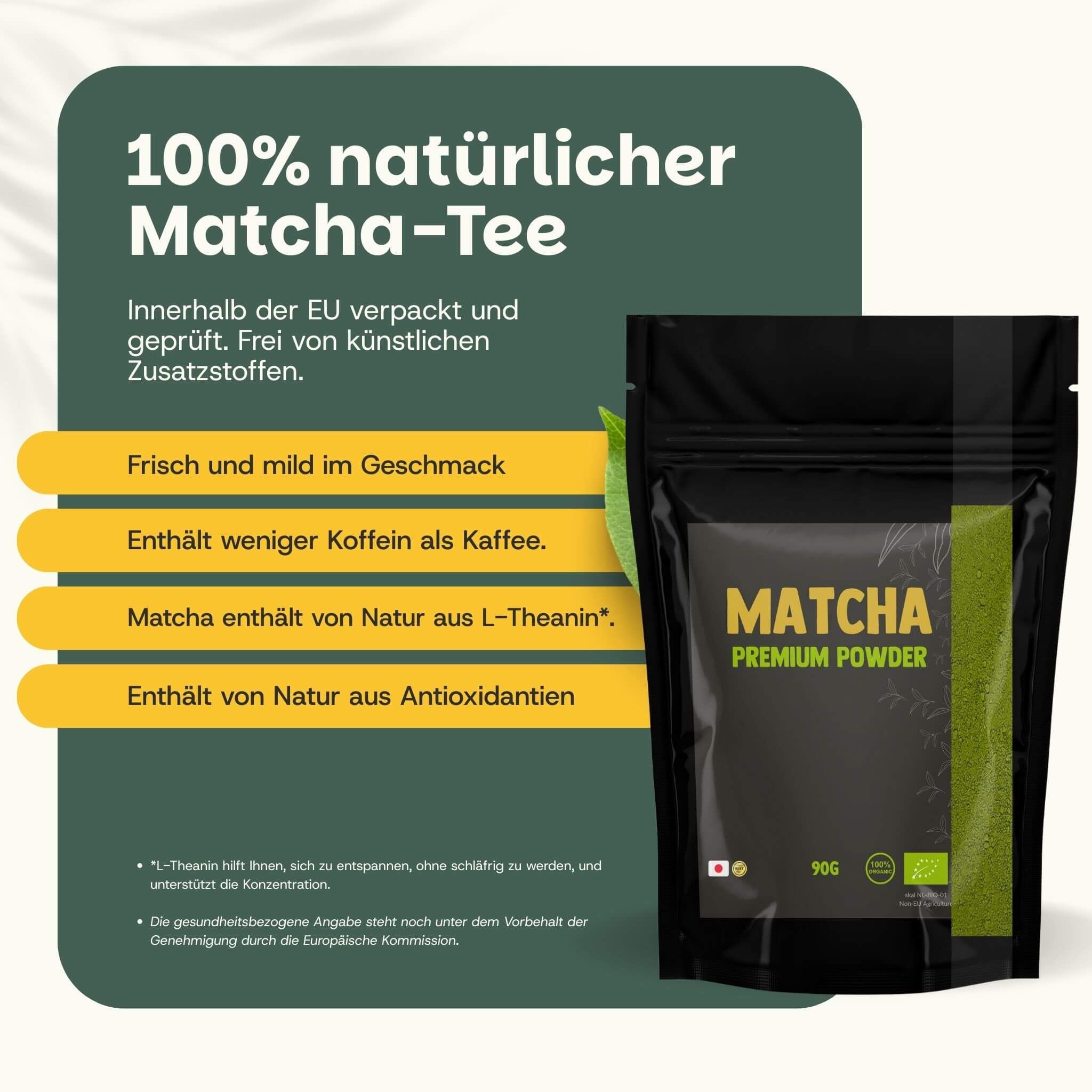Sacchetto nero di Matcha Premium Powder, 90g. Include sigillo biologico e indicazione di imballaggio UE.