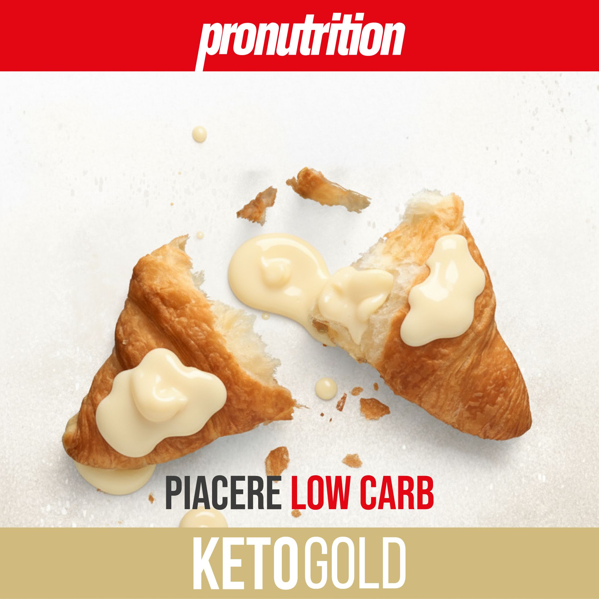 Un Cornetto Keto rotto con crema. Scritta: KetoGold, Piacere Low Carb.