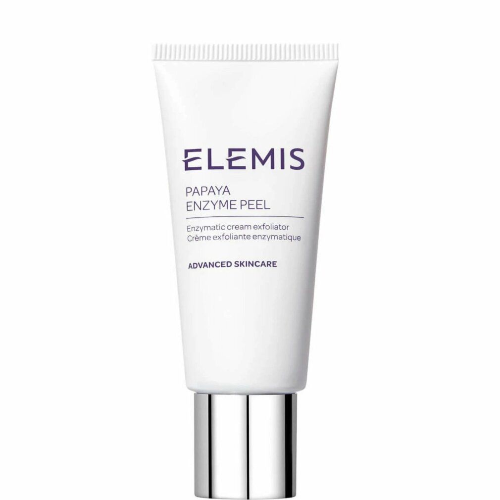 Tubo bianco con tappo argentato. Scritta: Elemis Papaya Enzyme Peel, Advanced Skincare.