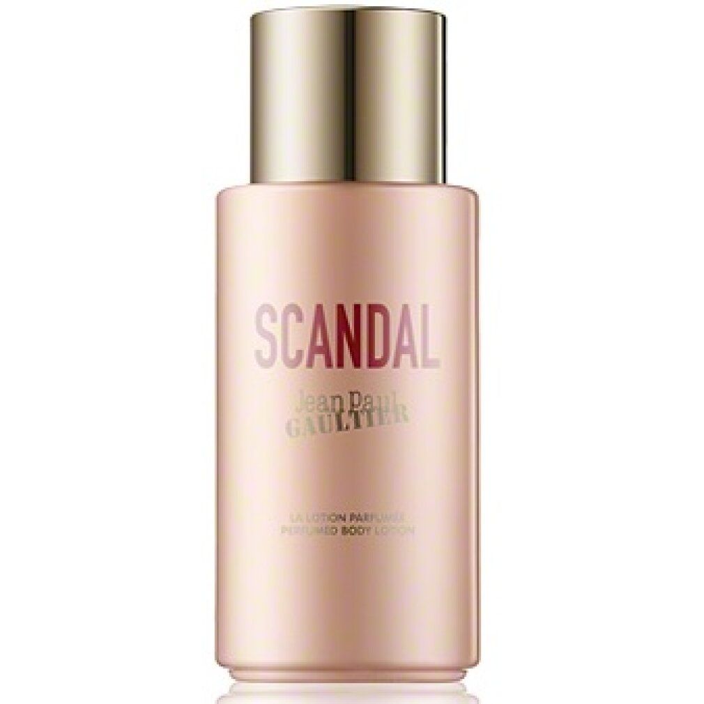 Flacone rosa con tappo dorato. Scritta SCANDAL, Jean Paul Gaultier. La Lotion Parfumée, Perfumed Body Lotion.