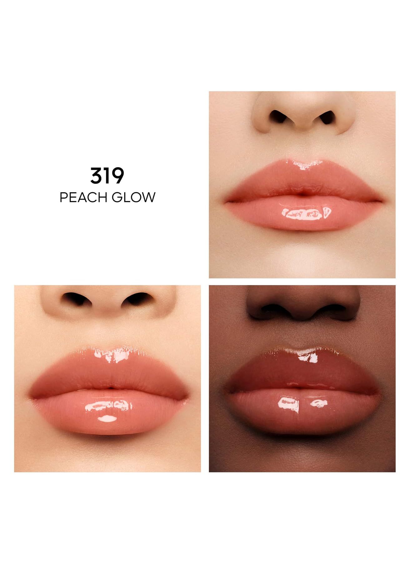 Quattro primi piani di labbra con la scritta "319 PEACH GLOW".