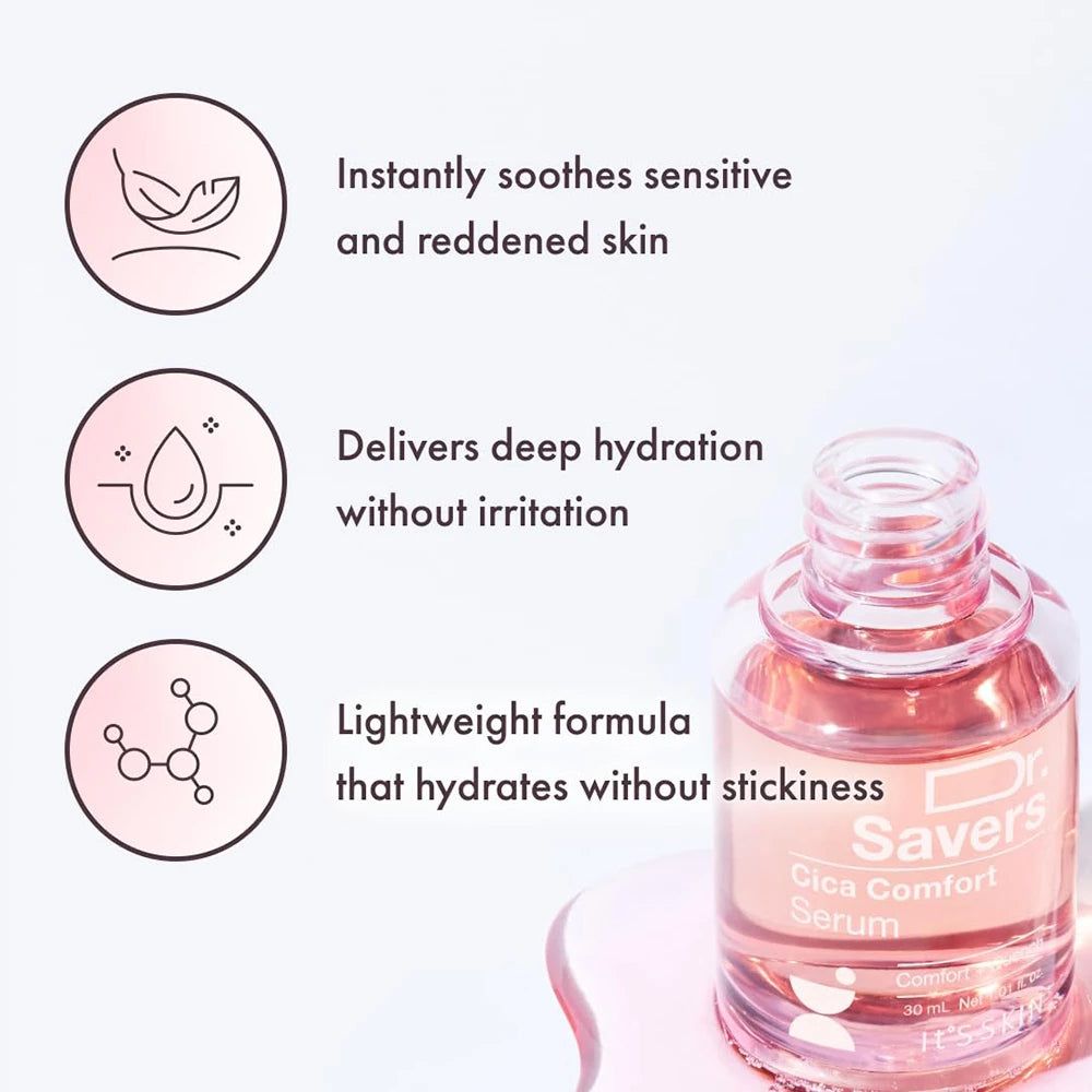 Flacone di siero rosa con tappo bianco. Testo: Dr. Savers Cica Comfort Serum. 30 ml.