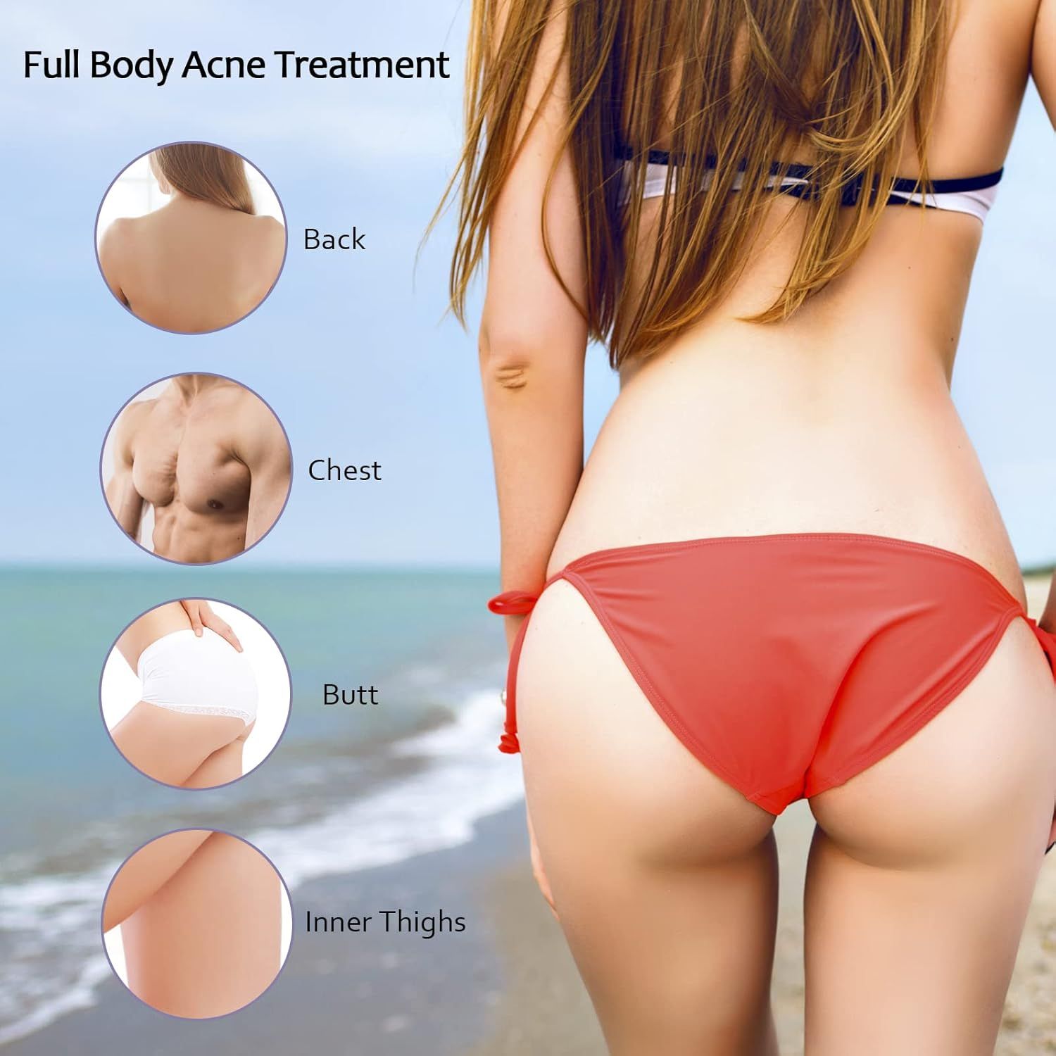 Donna in bikini sulla spiaggia. Cerchi mostrano schiena, petto, glutei, cosce. Testo: Full Body Acne Treatment.