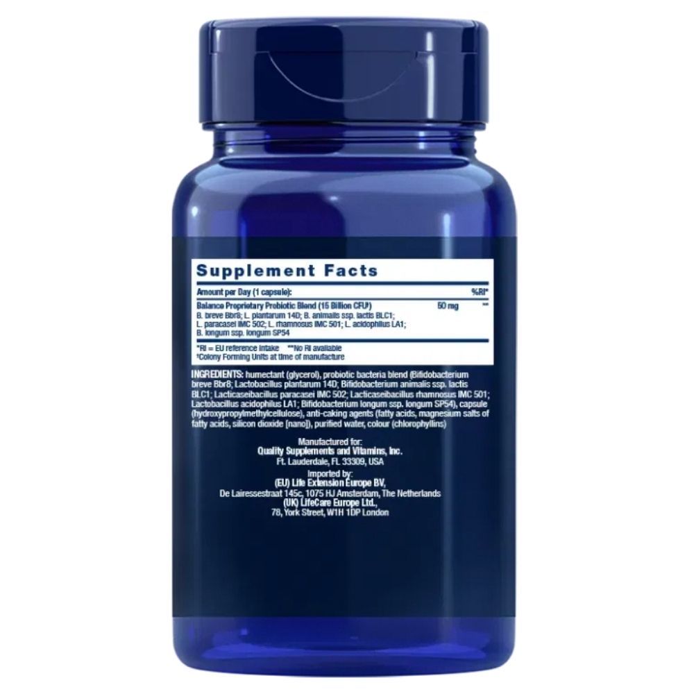Retro di un contenitore blu con informazioni sull'integratore Life Extension Florassist Balance.