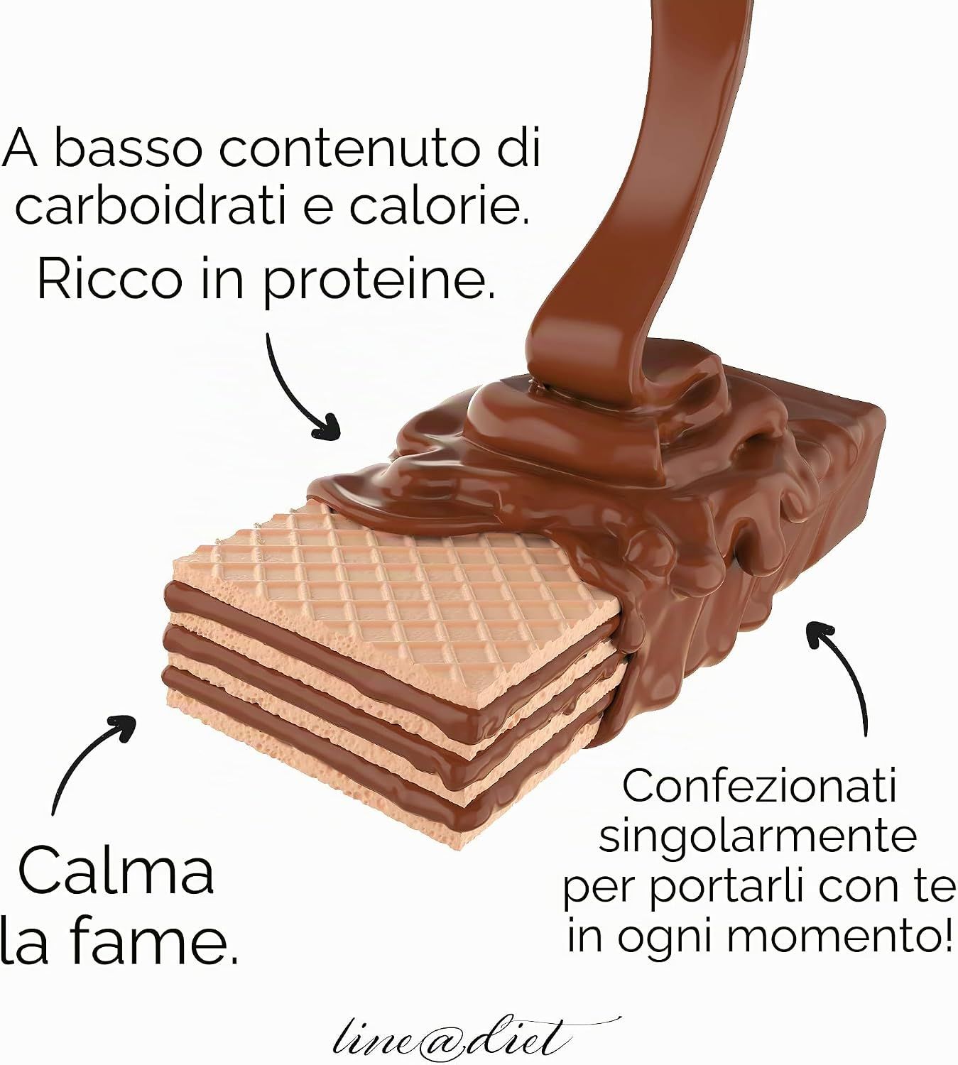 Wafer al cioccolato con copertura al cioccolato, ricco di proteine.