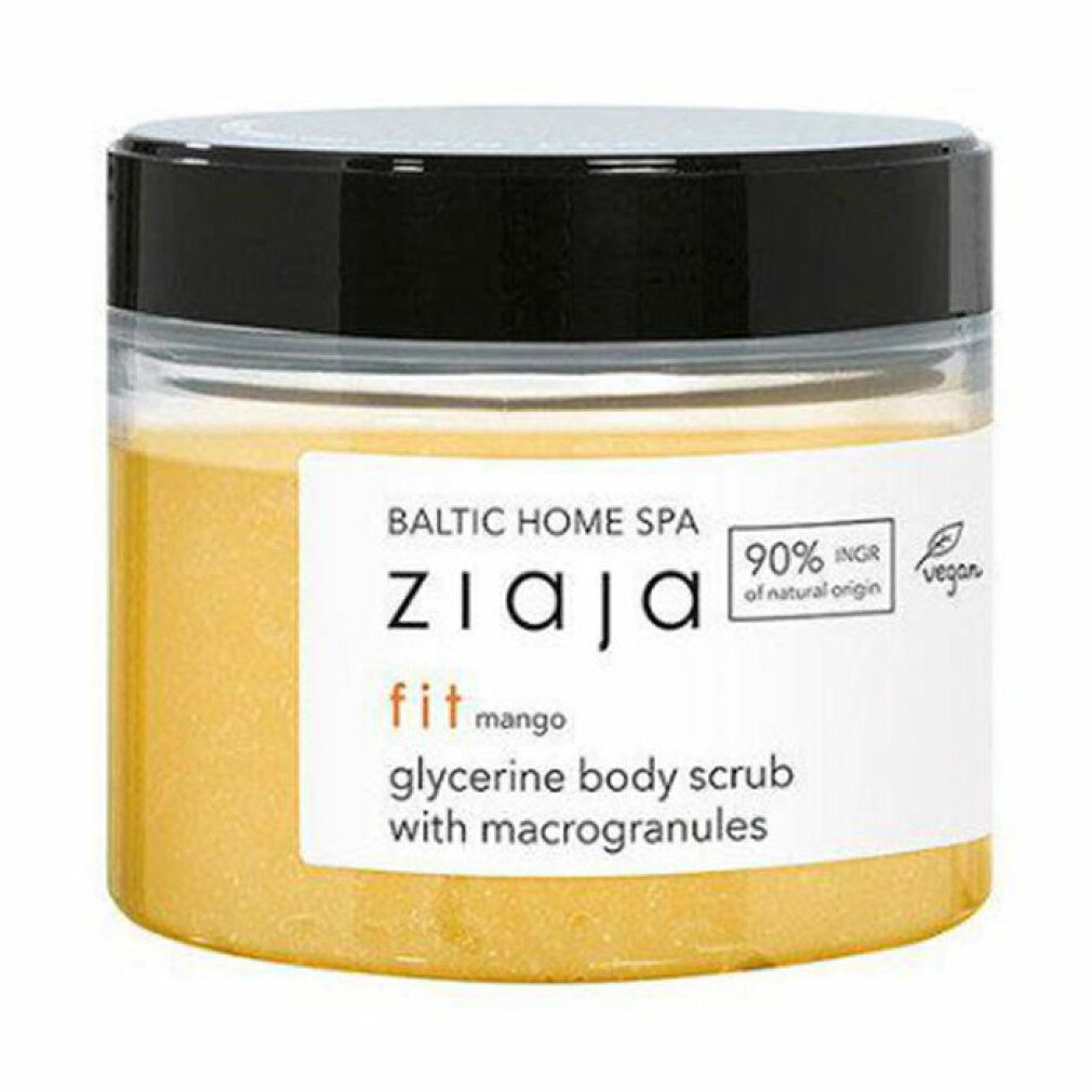 Barattolo di scrub corpo giallo. Etichetta con testo: ZIAJA fit mango, scrub corpo alla glicerina con macrogranuli. Sigillo vegano.