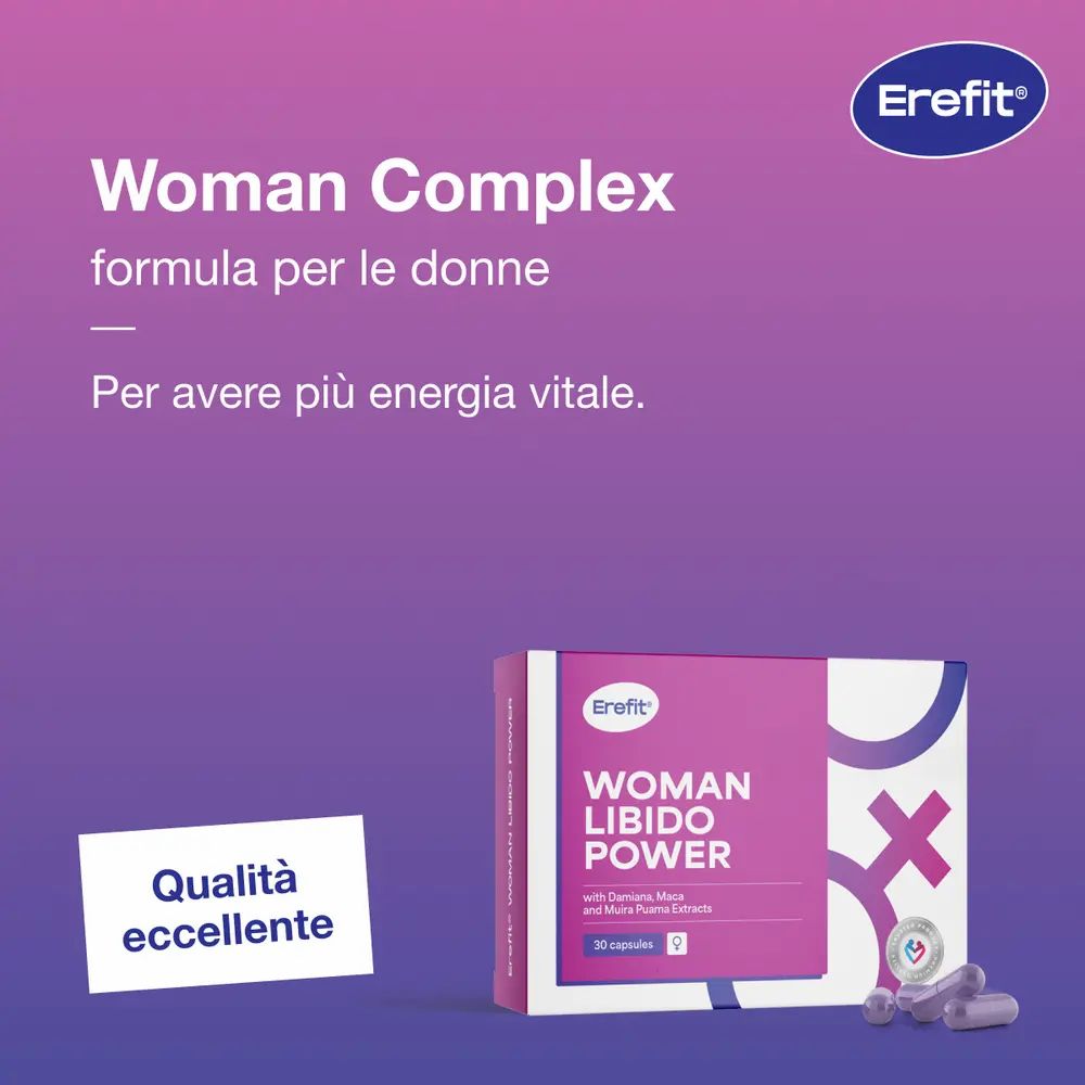 Confezione "Woman Libido Power" con capsule. Testo: Formula per donne. Qualità eccellente.