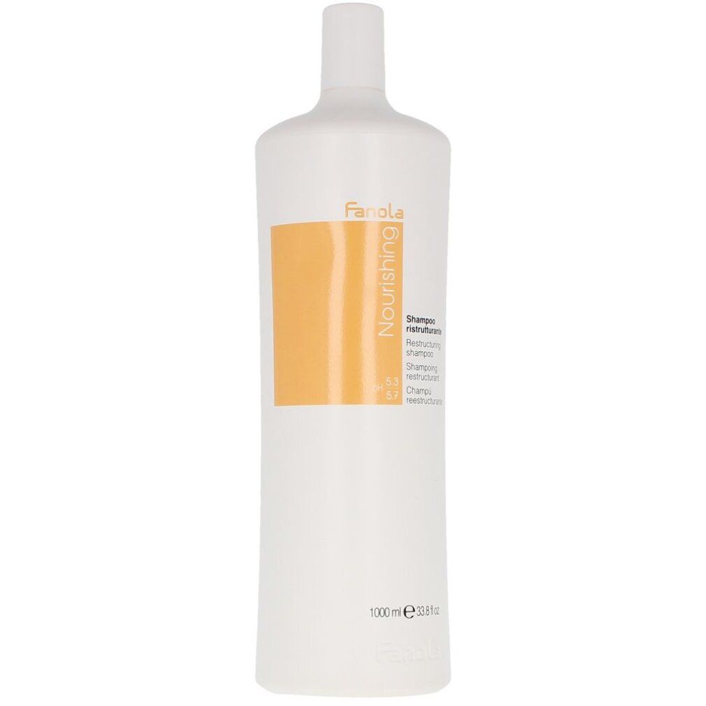 Flacone bianco con etichetta arancione. Testo: Fanola, Nourishing, Shampoo ristrutturante. 1000 ml.