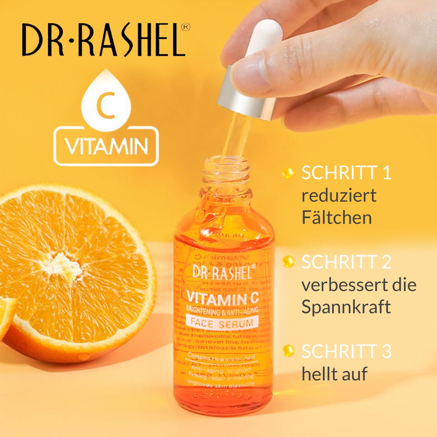 Mano che tiene una pipetta sopra un flacone di siero DR. RASHEL alla vitamina C. Liquido arancione. Testo: Vitamin C, Brightening & Anti-Aging Face Serum. Passaggi.
