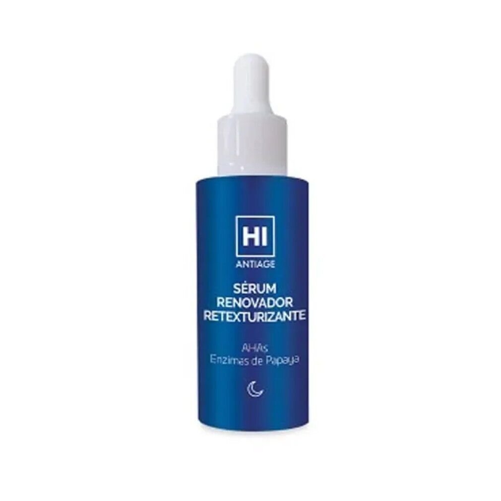Confezione in cartone con informazioni sul prodotto. Scritta: HI ANTIAGE, Sérum Renovador Retexturizante, AHAs Enzimas de Papaya.