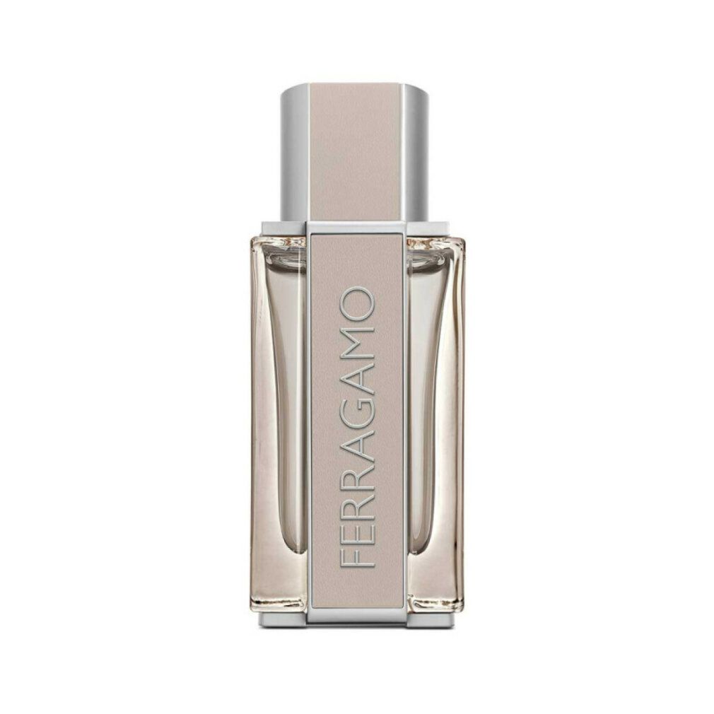 Flacone di Eau de Toilette da uomo. Forma rettangolare, dettagli beige-argento. Scritta FERRAGAMO.