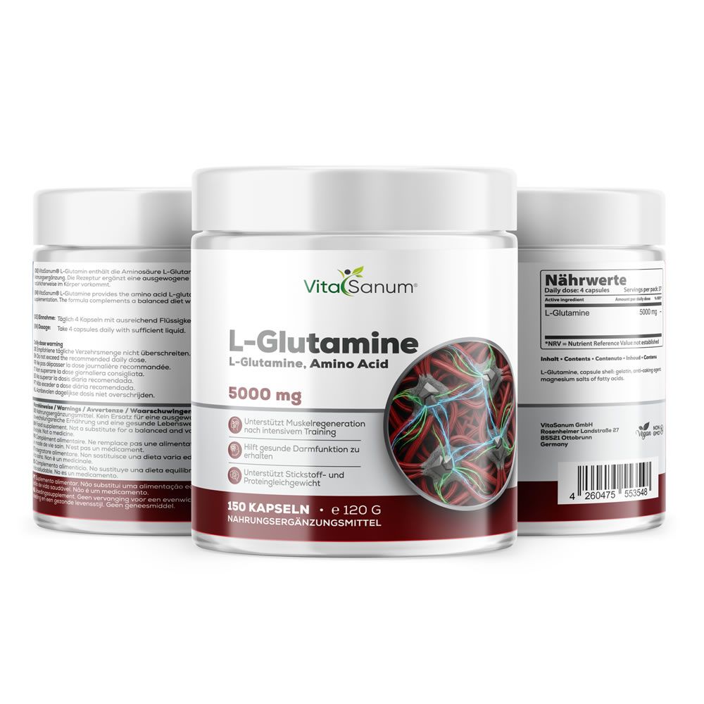 Tre contenitori bianchi con etichetta rossa. Scritta: VitaSanum L-Glutammina, 5000 mg, 150 capsule, 120 g. Illustrazione di molecole. Retro con informazioni nutrizionali.