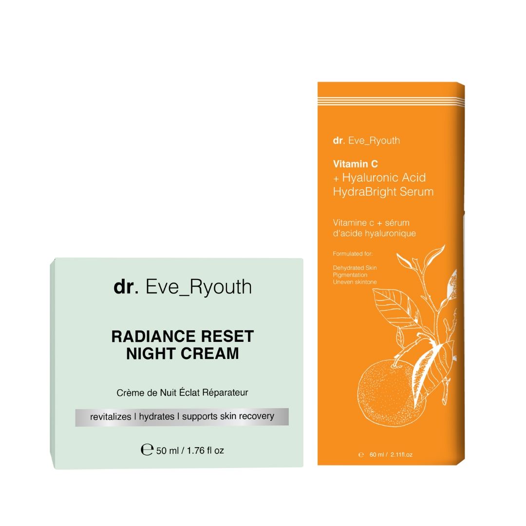 Vaso 'Radiance Reset Night Cream' e scatola e flacone 'Vitamin C Serum'.