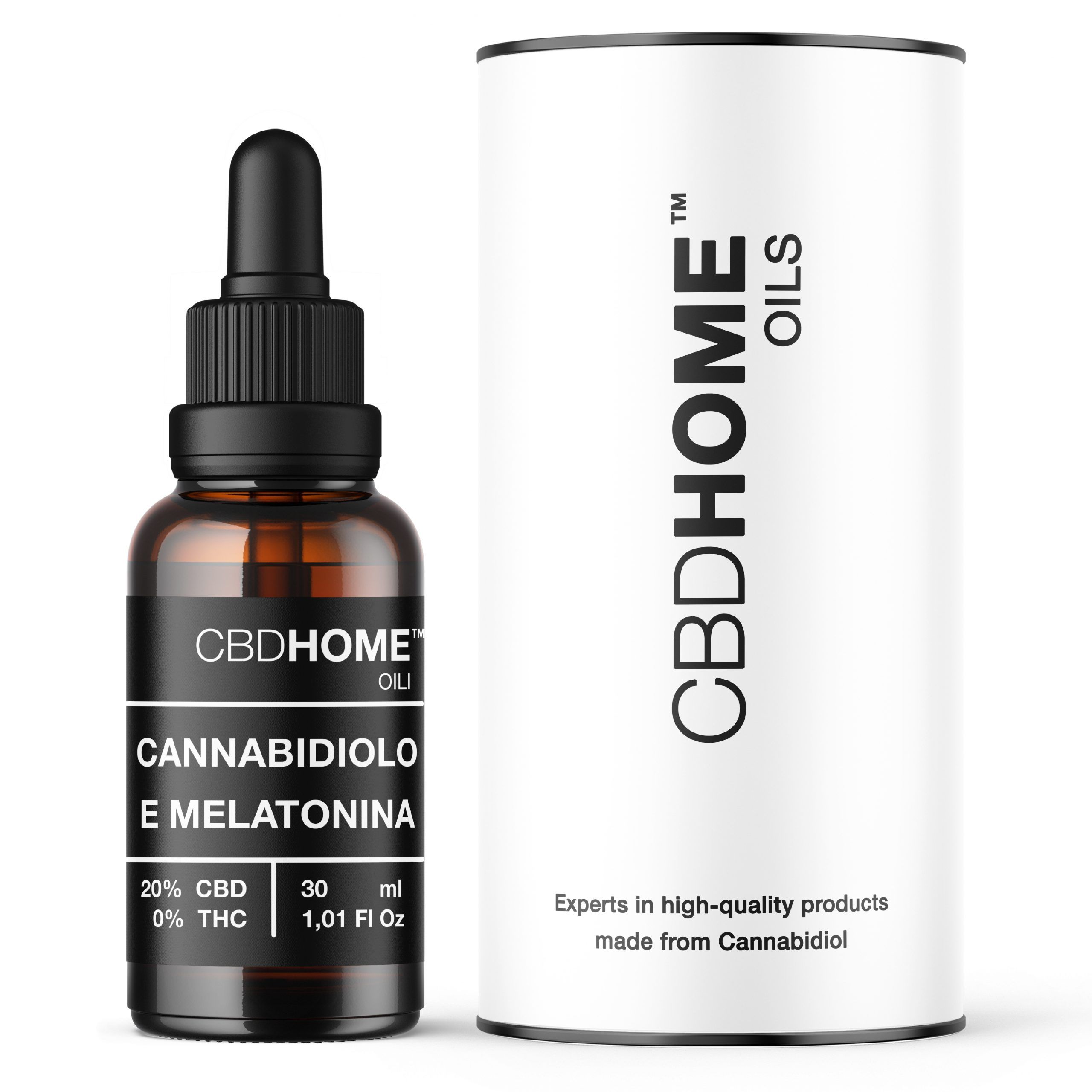 Flacone di olio CBDHOME con contagocce e confezione cilindrica. Contiene 20% CBD, 0% THC, 30 ml.