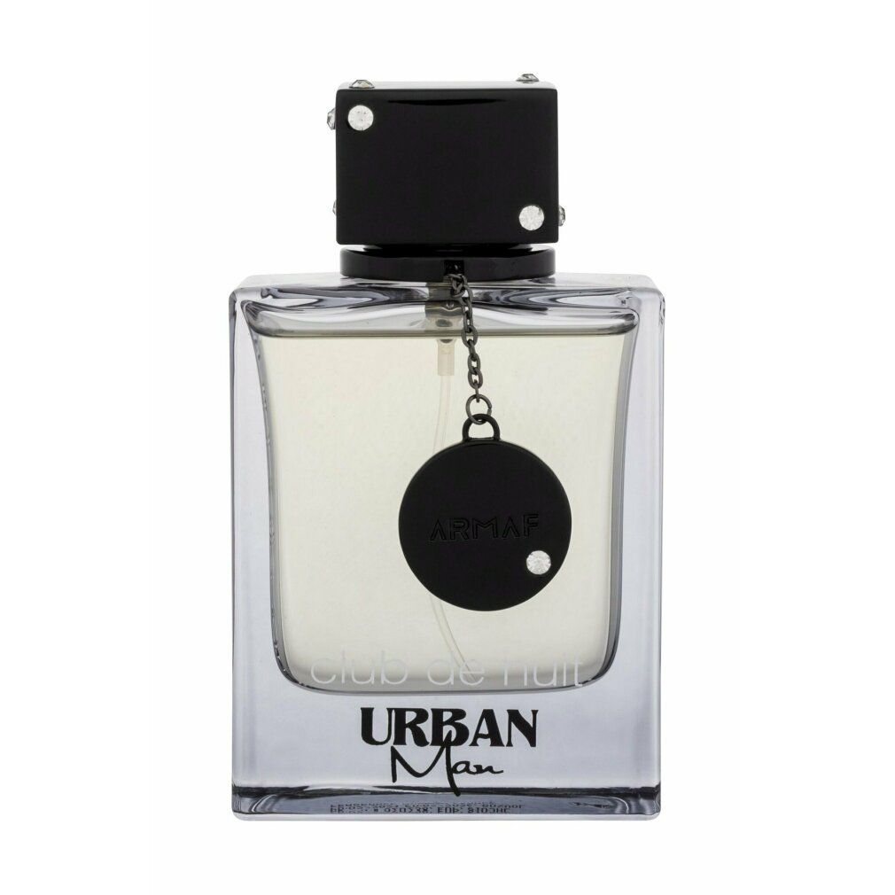 Flacone quadrato con tappo nero e catena. Scritta: Urban Man, Armaf. Cerchio nero con logo.