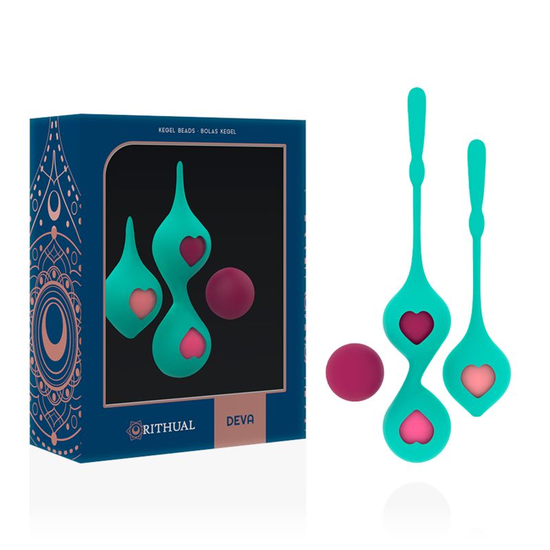 Confezione e due sfere del piacere turchesi con foro a cuore e inserti rosa, accanto a una singola sfera rosa.