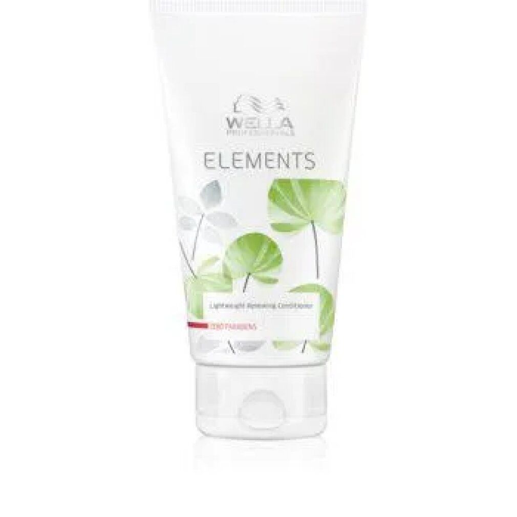 Tubo bianco Wella Elements Conditioner. Design foglie verde e bianco. Scritta: Lightweight Renewing Conditioner. Senza parabeni.