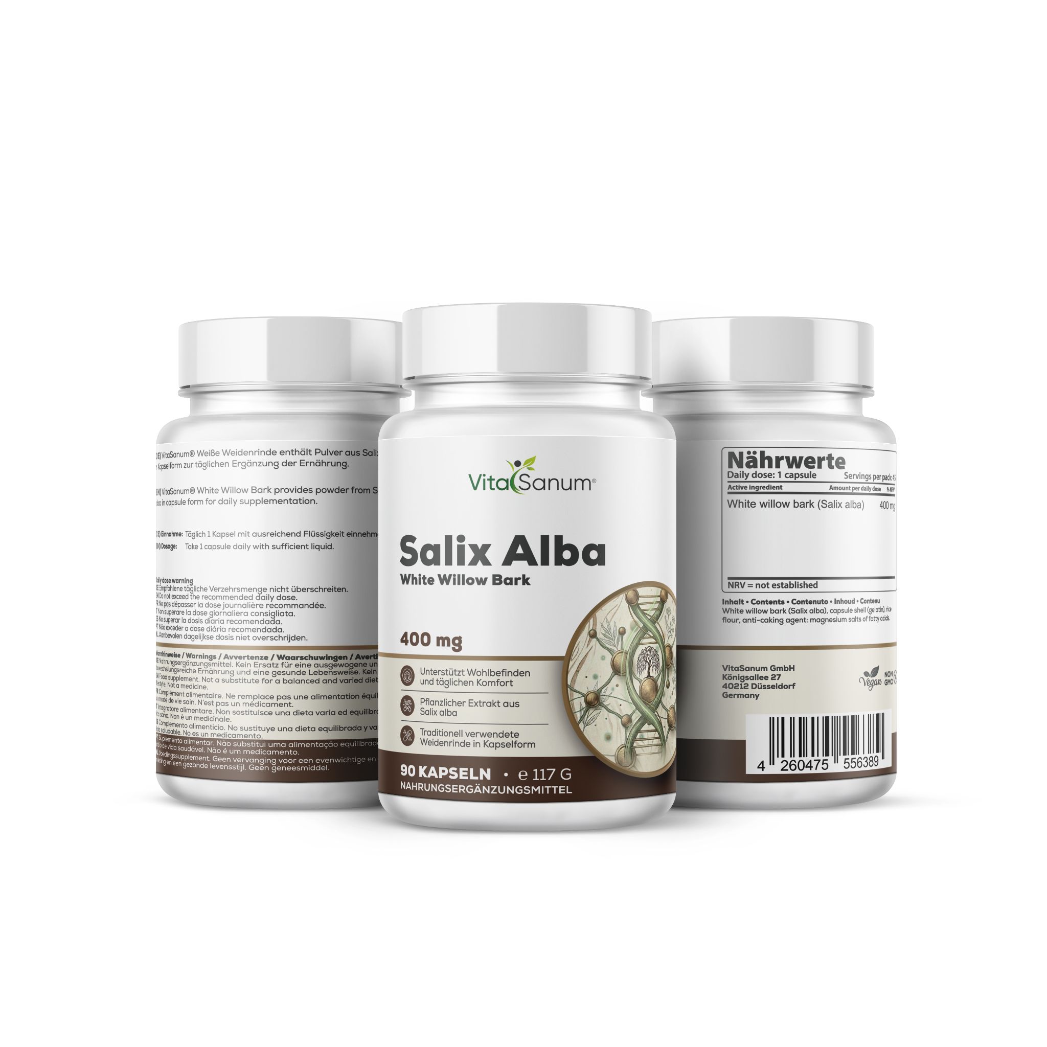 Capsule VitaSanum Salix Alba: Tre contenitori di corteccia di salice bianco, 400 mg, 90 capsule.