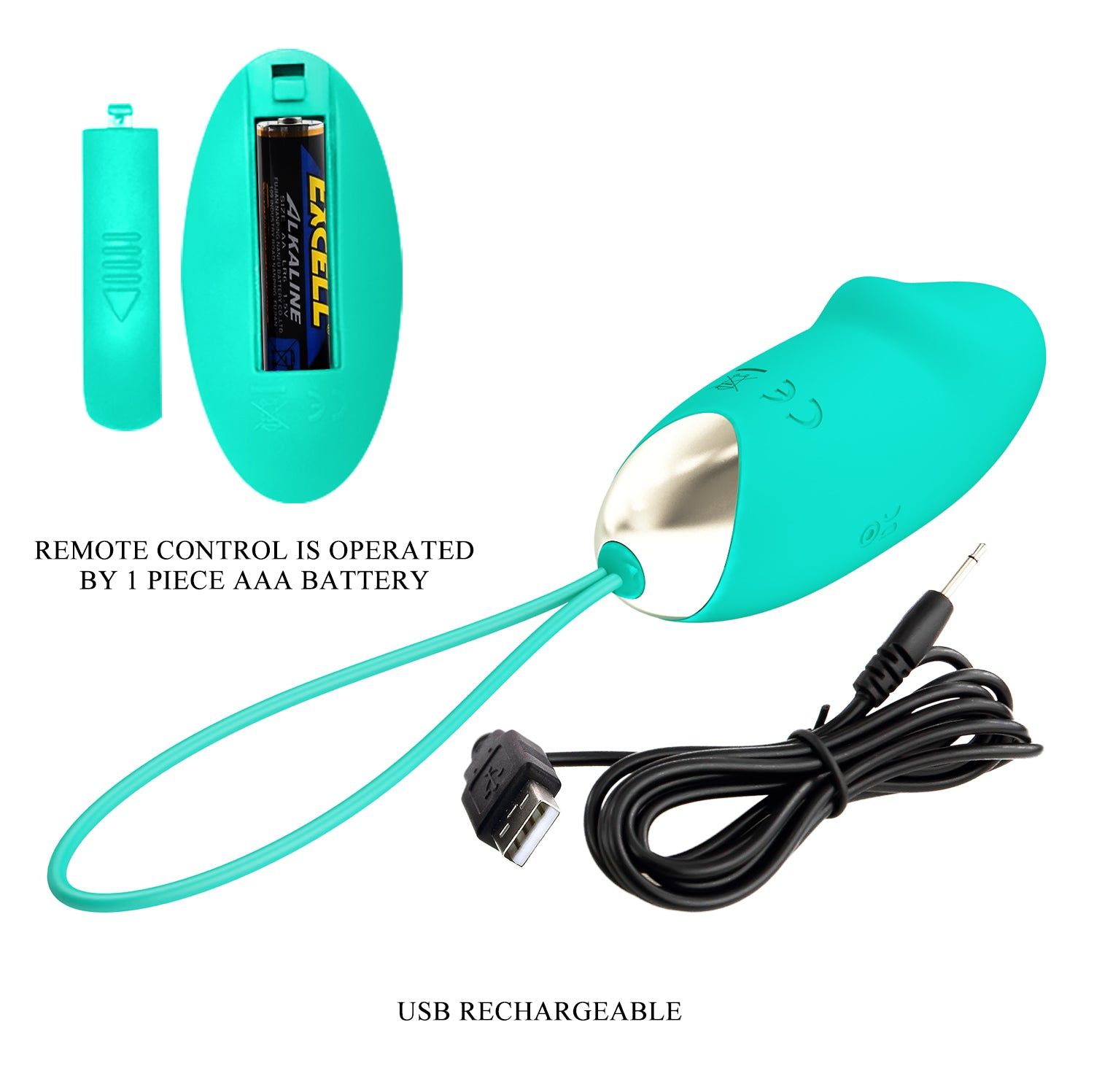 Vibratore turchese con estremità dorata, telecomando, cavo USB e batteria. Telecomando richiede 1 batteria AAA.