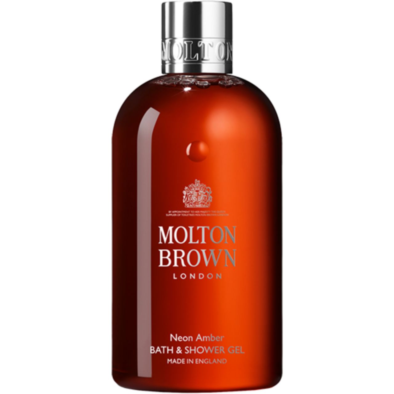 Flacone marrone con tappo argentato. Scritta: Molton Brown London, Neon Amber, Gel doccia e bagno, Made in England.