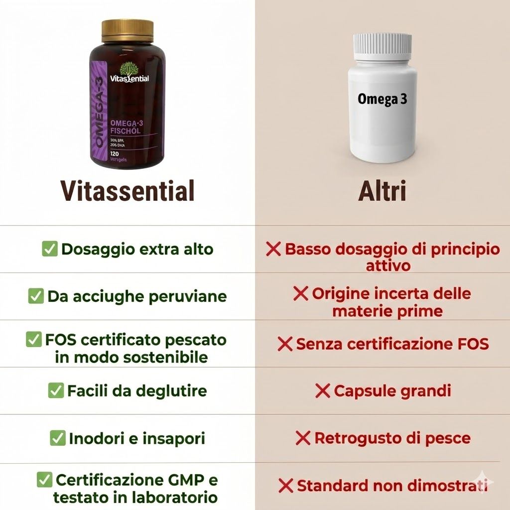 Confronto: Vitassential Omega-3 e altri. Dosaggio extra alto, da acciughe, certificato FOS, facile da deglutire.