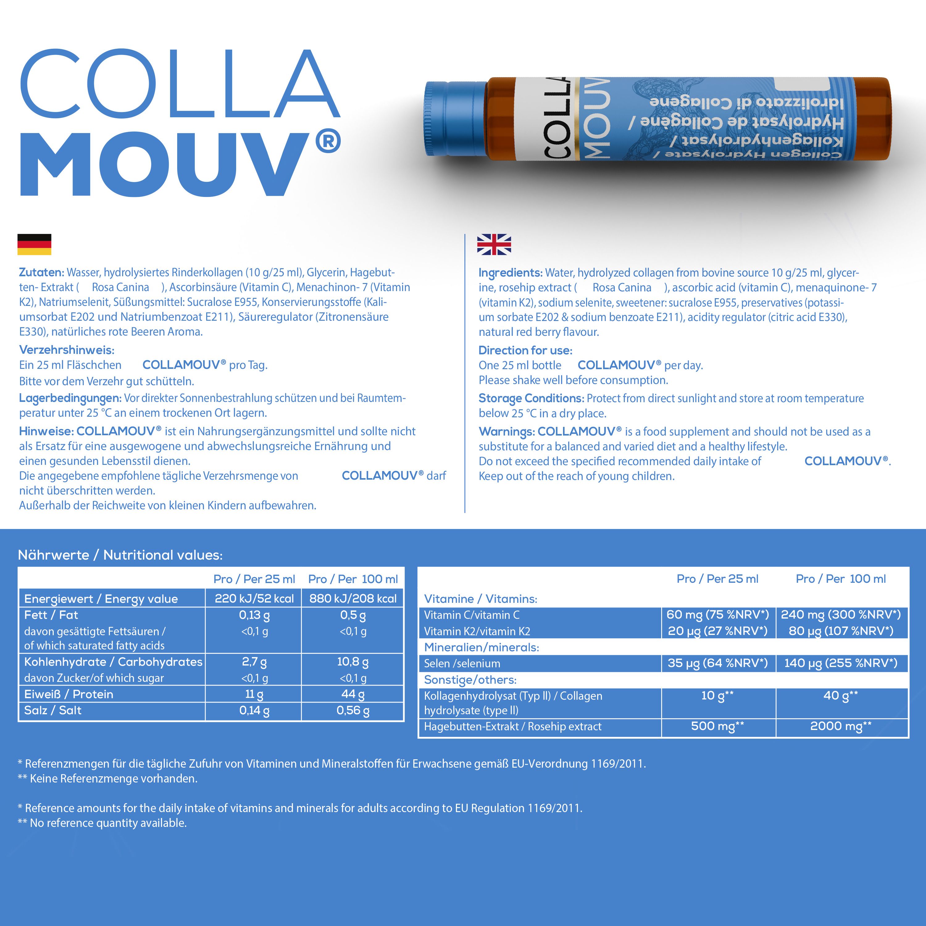 BHW Collamouv Original Kollagen: Flacone da bere singolo con informazioni sul prodotto e nutrizionali.