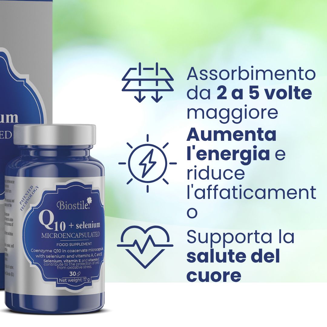 Confezione e bottiglia del prodotto. Testo: BMT Q10 + Selenium Microencapsulated. Testo in italiano. Diagrammi e testo.