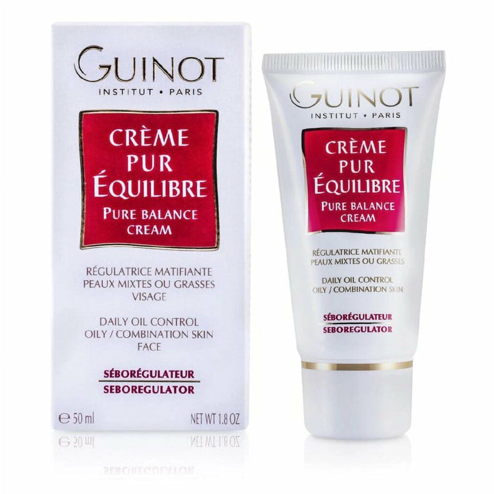 Confezione e tubo. Testo: Crème Pur Équilibre, Pure Balance Cream, per pelli miste. Marchio Guinot.