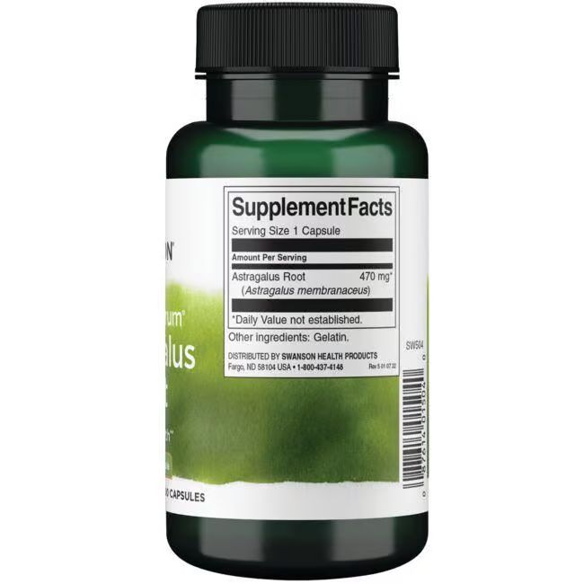 Retro del flacone verde. Scritta: Supplement Facts, Astragalus Root 470 mg, ingredienti: gelatina.