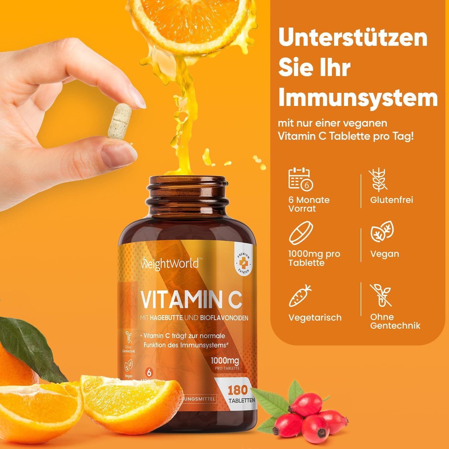 Una mano tiene una compressa sopra un flacone di vitamina C. Flacone con scritta: WeightWorld, Vitamin C, 1000mg, 180 compresse.