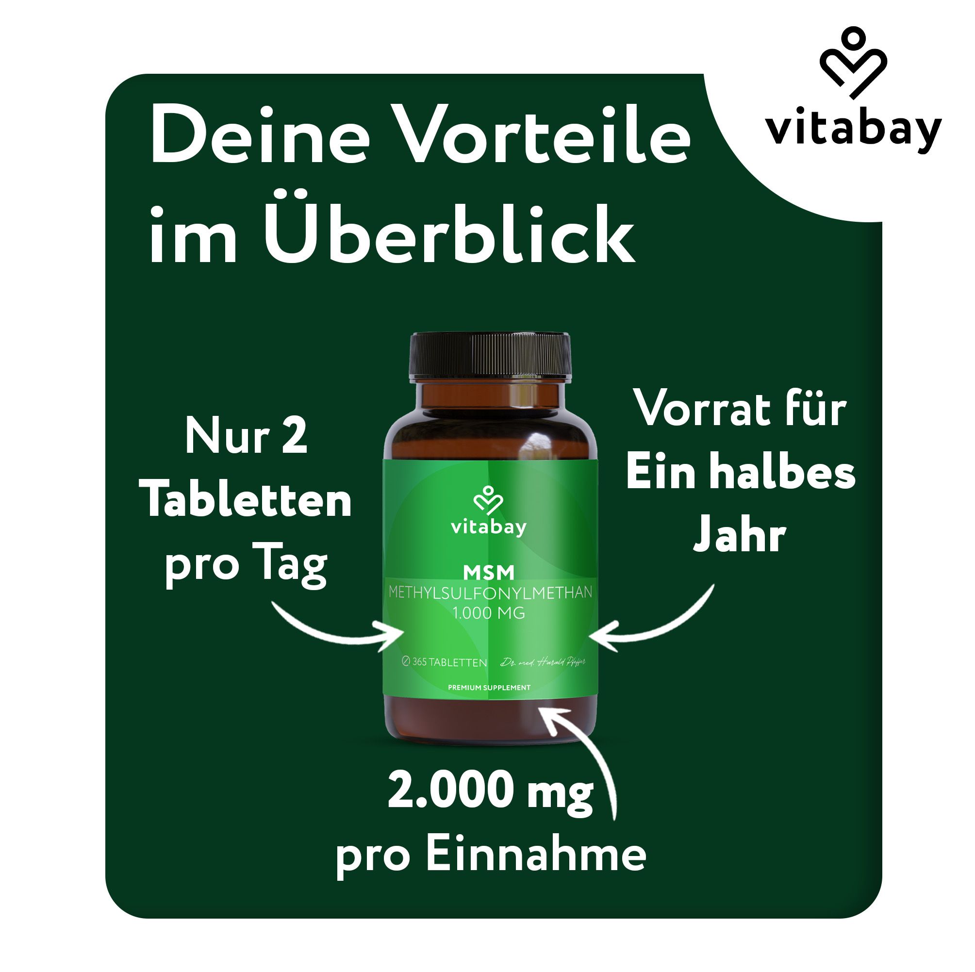 Flacone marrone con etichetta. Testo: Solo 2 compresse al giorno. Scorta per sei mesi. 2.000 mg per assunzione. Logo Vitabay.