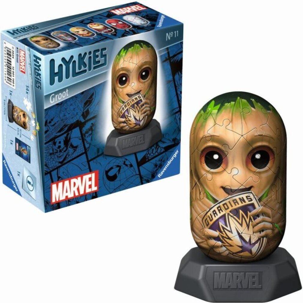 Puzzle 3D Groot Hylkies e confezione. Puzzle Groot su base. Logo Marvel e scritta Hylkies. Sfondo a fumetti.