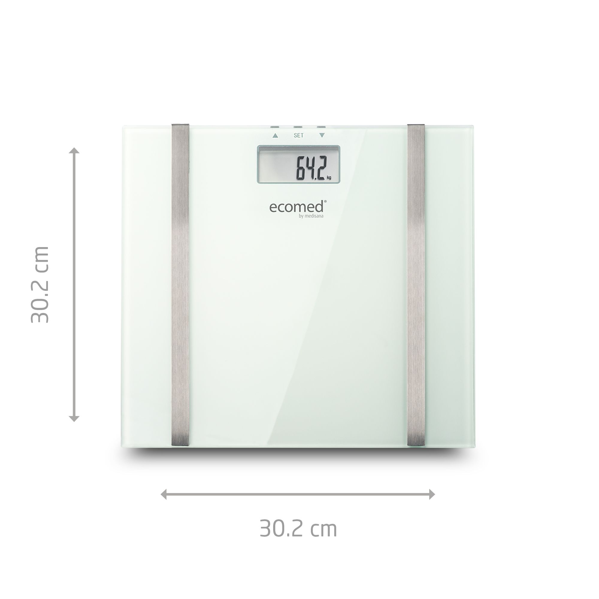 Bilancia digitale per analisi corporea in vetro bianco, display. Dimensioni: 30,2 x 30,2 cm. Elementi in acciaio inox. Marchio: ecomed.