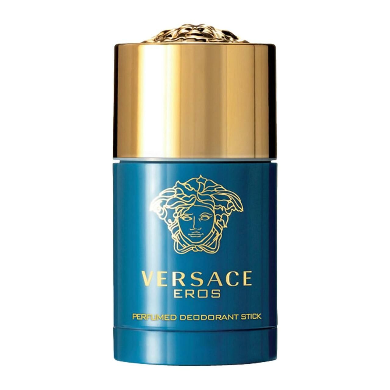 Stick deodorante blu con tappo dorato. Scritta: Versace Eros. Deodorant Stick. Medusa dorata.