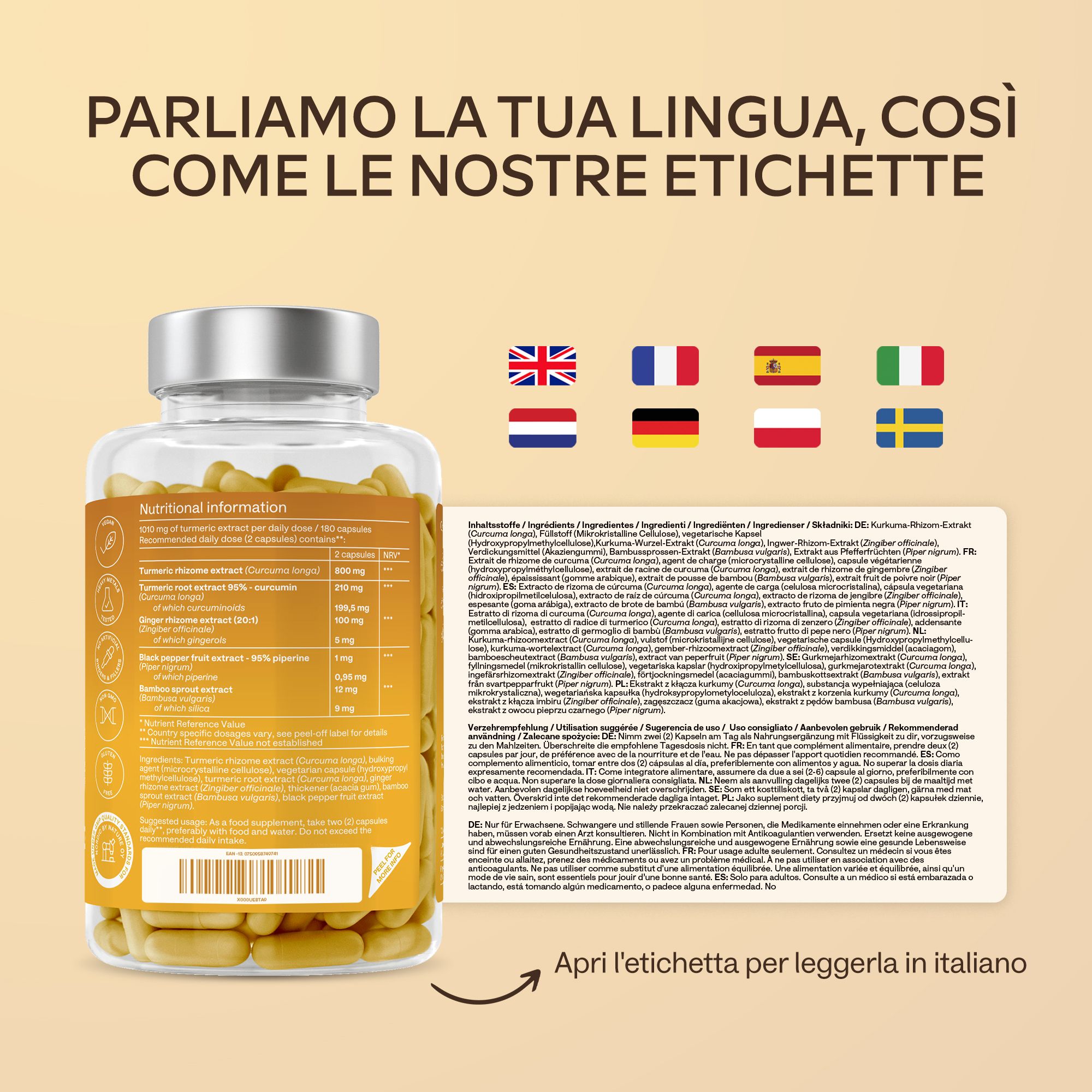 Flacone di capsule ed etichetta. Scritta: Turmeric Curcumin. Bandiere: Regno Unito, FR, ES, IT, SE. In italiano.