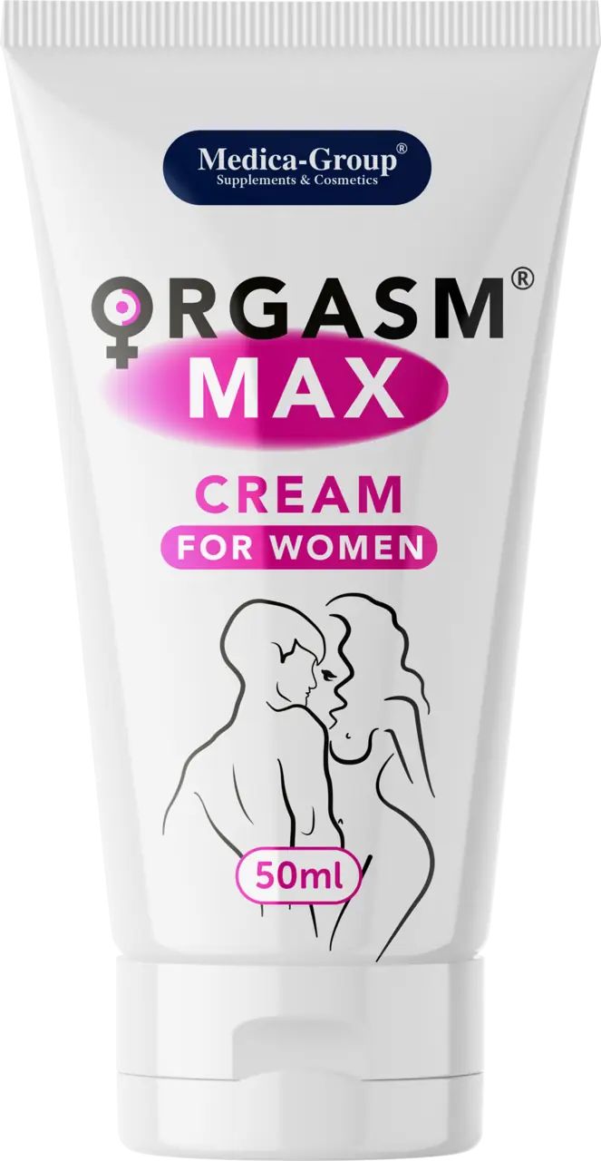 Tubo di crema. Scritta: ORGASM MAX CREAM FOR WOMEN. Logo: Medica-Group. 50ml. Illustrazione: coppia.