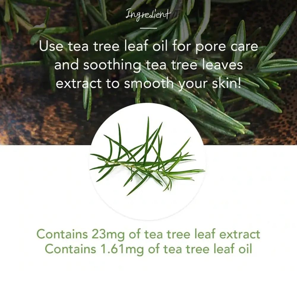 Testo con ingredienti: 23mg estratto di foglie di tea tree, 1.61mg olio di tea tree. Illustrazione di rami di tea tree su sfondo bianco.