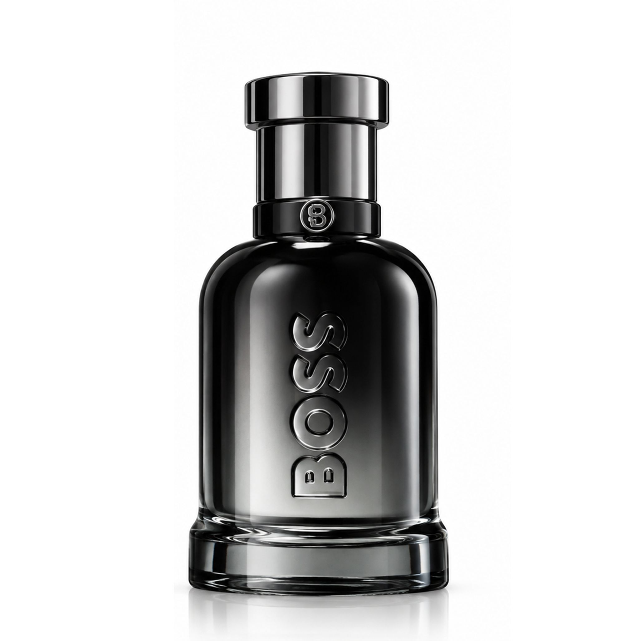 Flacone nero con tappo argentato e scritta "BOSS"