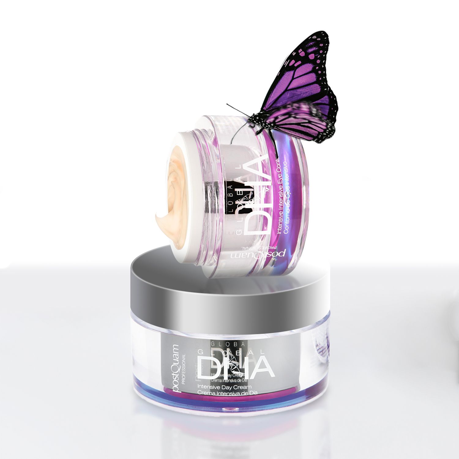 Vasetto di crema. Nome prodotto: Global DNA Intensive Day Cream. Marchio: Postquam. Farfalla sul vasetto.
