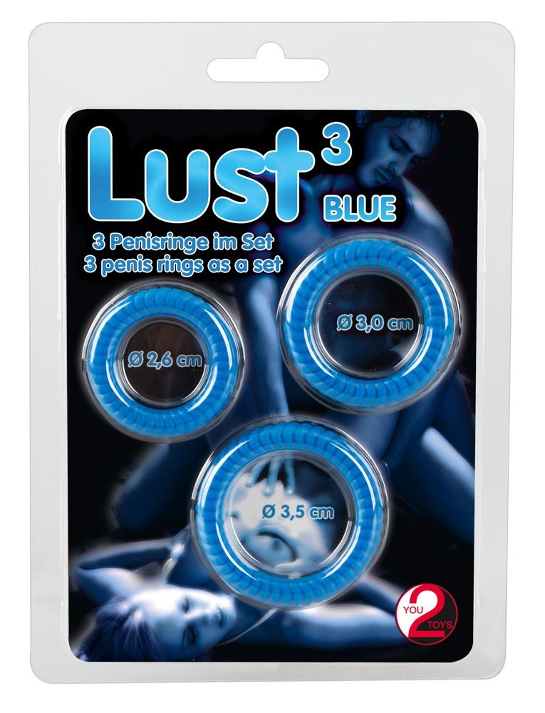 Confezione blister con tre anelli blu per pene. Scritta: Lust³ Blue, indicazioni diametro.