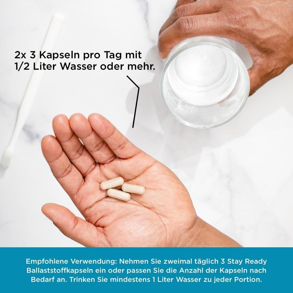 Mano con capsule, bicchiere d'acqua e bastoncino. Testo: "2x3 capsule al giorno con 1/2 litro d'acqua o più".