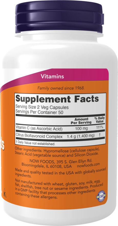 Retro del flacone. Etichetta arancione con informazioni nutrizionali. Contiene vitamina C e complesso di bioflavonoidi di agrumi. NOW FOODS.