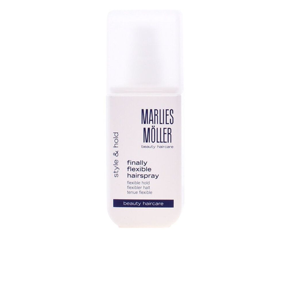 Spray per capelli Marlies Möller Style & Hold. Flacone bianco con tappo bianco. Nome del prodotto e informazioni.
