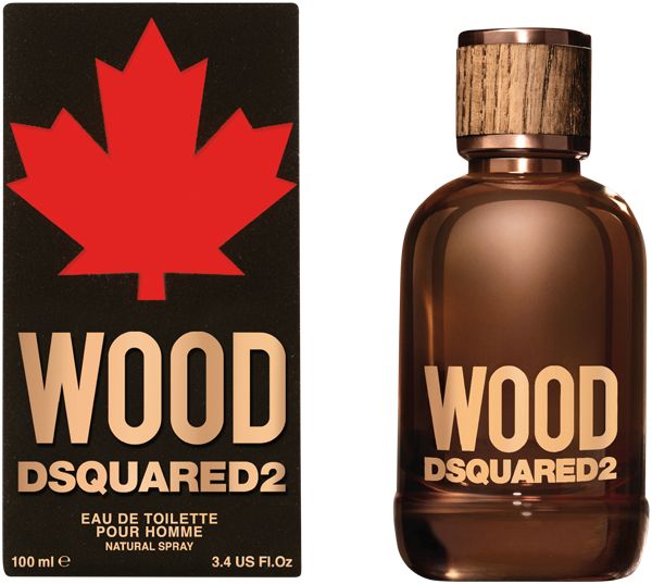 Flacone Dsquared2 Wood Eau de Toilette e scatola con foglia d'acero rossa.