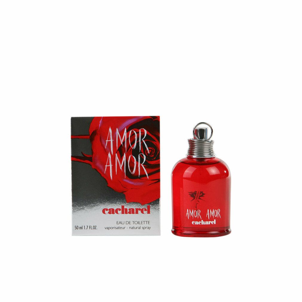 Flacone rosso e scatola. Scritta: AMOR AMOR, cacharel. Design rosa. Eau de Toilette.